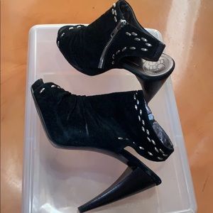 BCBG peep toe suede booties w open back